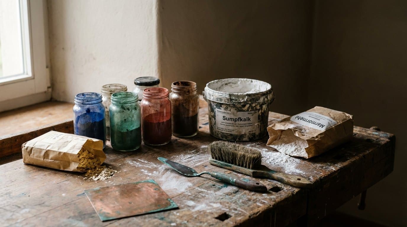 Pigmentgläser, Sumpfkalk und Marmormehl auf der Werkbank im Atelier