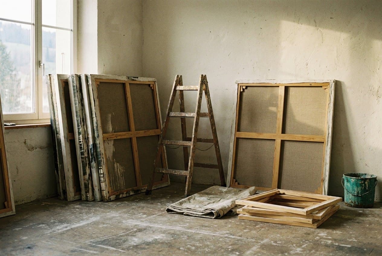 Leinwände lehnen an der Kalkwand im Atelier