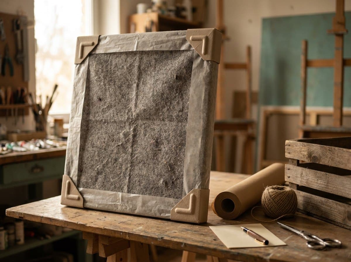 Ein Original wird im Atelier in Seidenpapier und Filz für den Versand verpackt